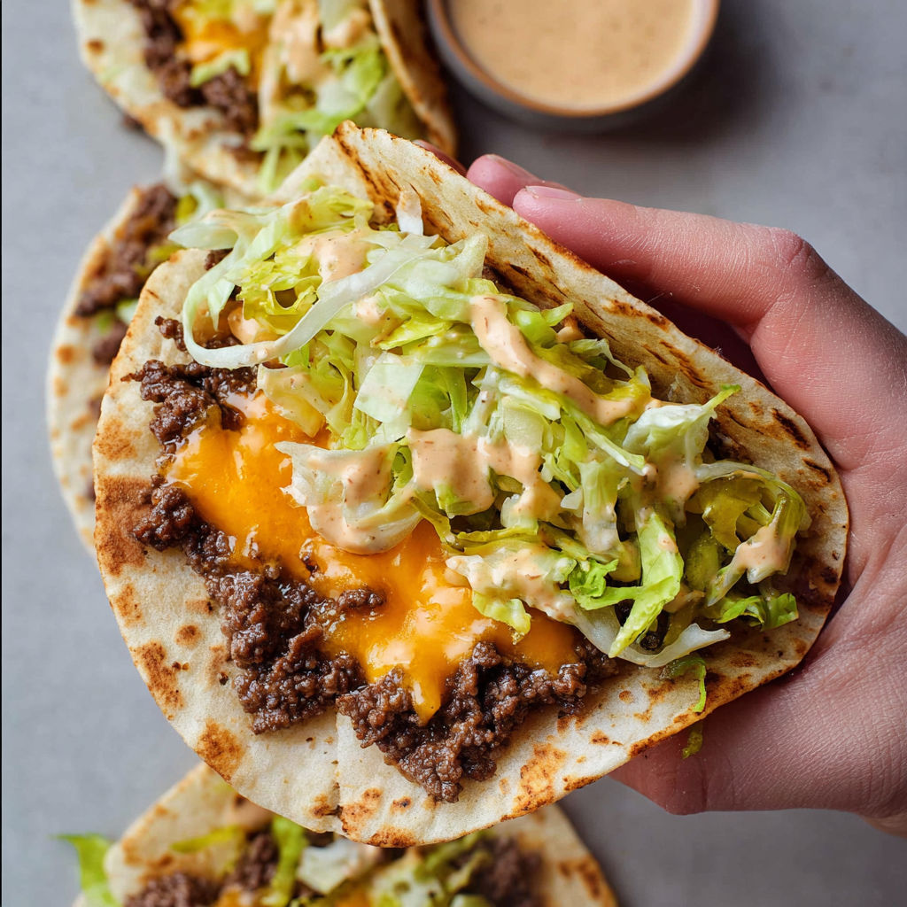 Tacos-burgers croustillants, bœuf fondant et sauce crémeuse.