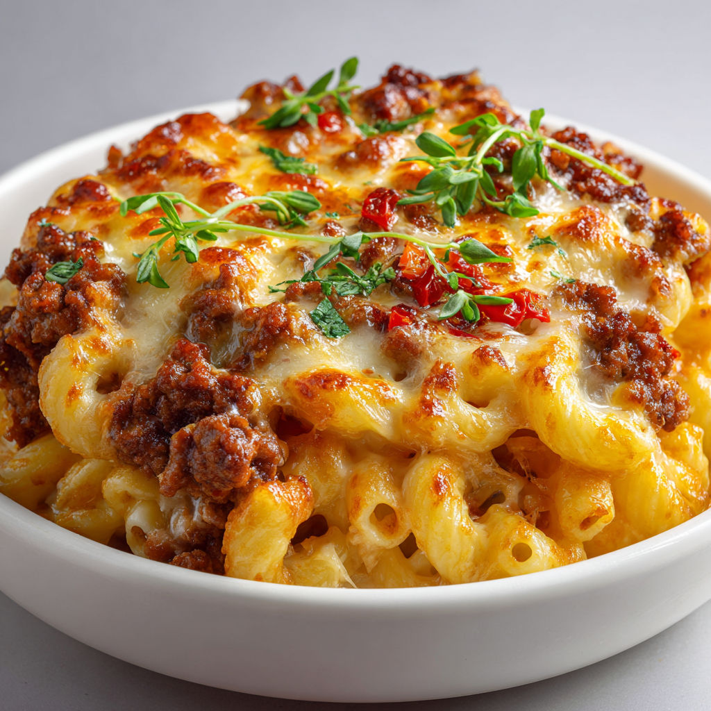 Une recette de Macaronis gratinés au bœuf, double fromage fondant.