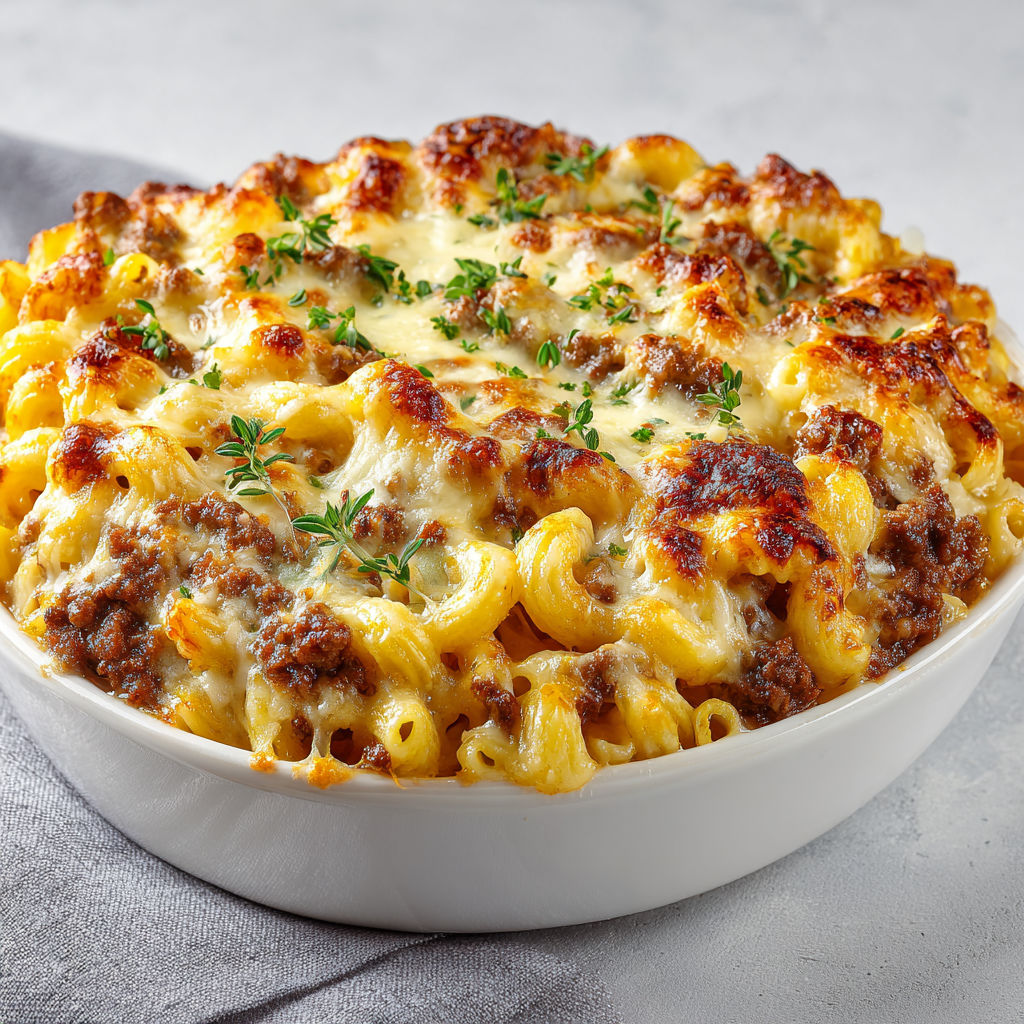 Un plat de Gratin de macaronis à la viande, cheddar et mozzarella.