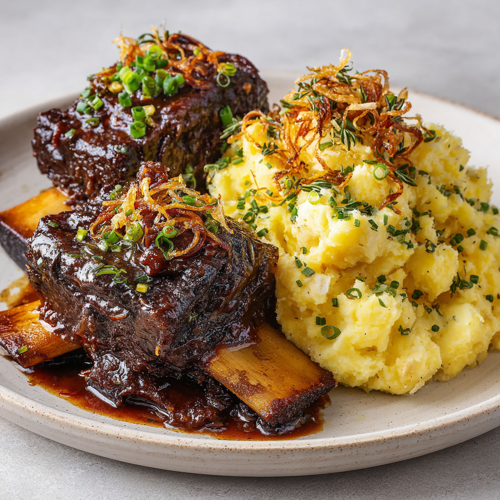 Une assiette de côtes levées de bœuf et de pommes de terre écrasées, accompagnées de herbes pour une délicieuse expérience culinaire.