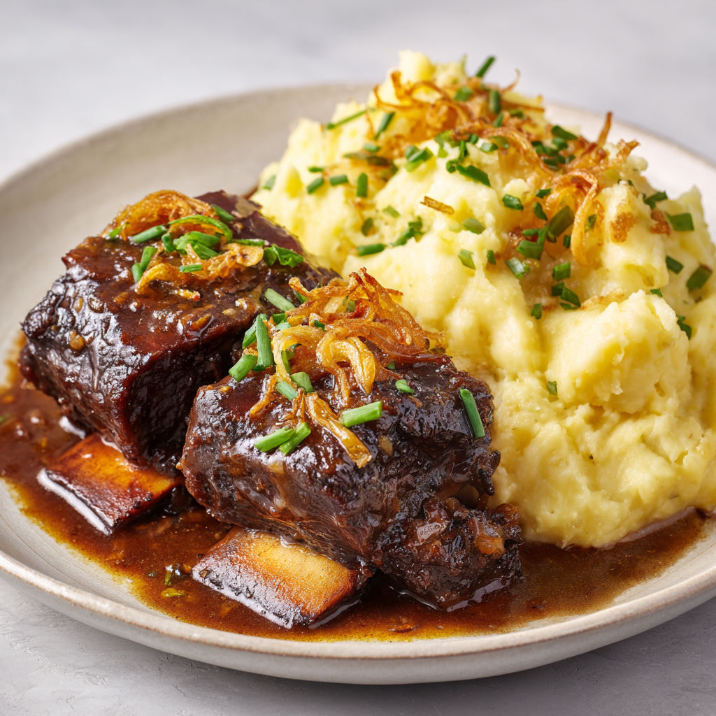 Ribs de bœuf ultra tendres cuisson lente, parfum balsamique et purée rustique Yukon Gold aux oignons verts.
