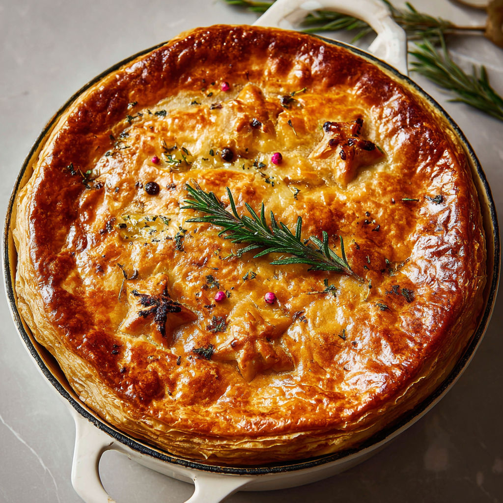 Bœuf braisé en croûte dorée, sauce au vin rouge et champignons parfumés.