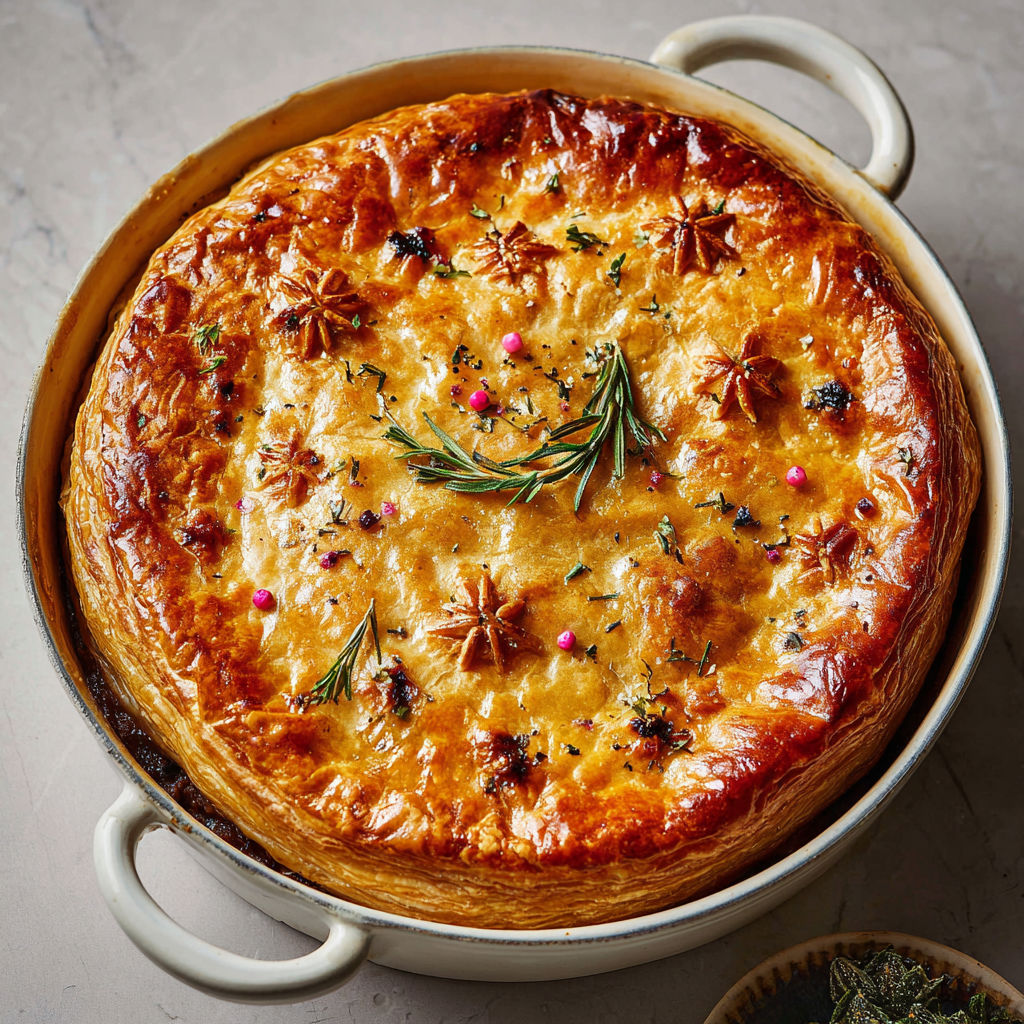 Cocotte de bœuf fondant en pâte feuilletée, cèpes et épices chaleureuses.