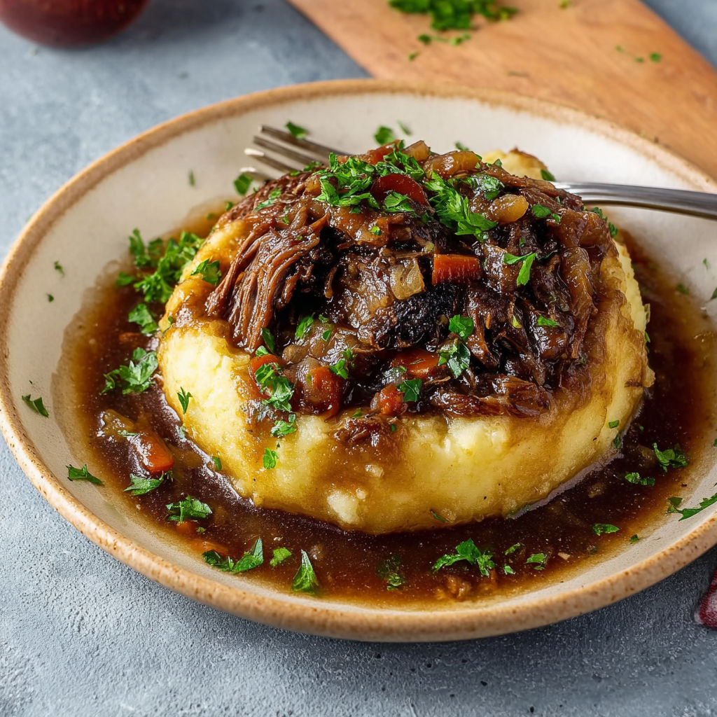 Le meilleur bœuf braisé en cocotte, sauce généreuse et purée rustique parfumée.
