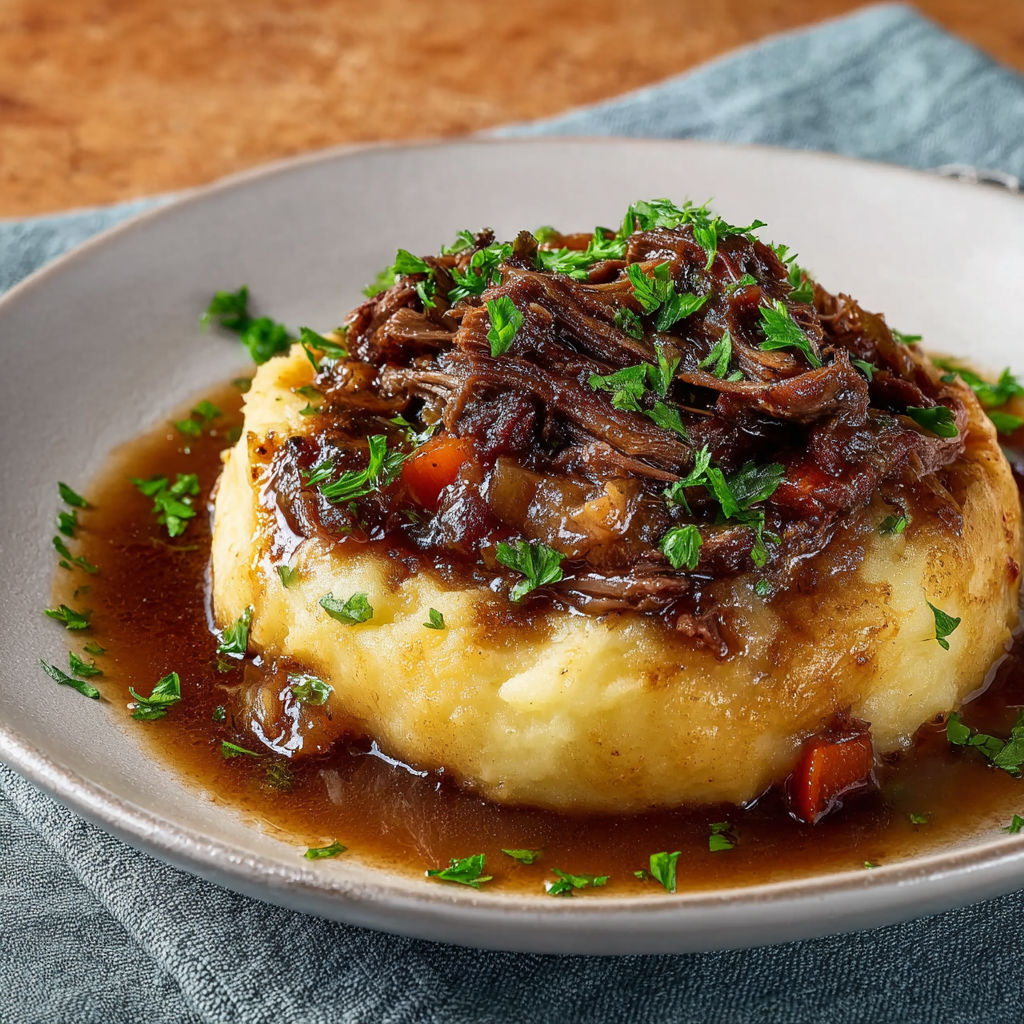 Bœuf mijoté qui s’effiloche à la fourchette, écrasé de pommes de terre au beurre.