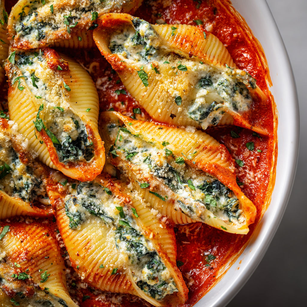 Coquilles Géantes Farcies Crémeuses aux Épinards et Fromage Cottage, Nappées de Sauce Veloutée aux Poivrons Rôtis.