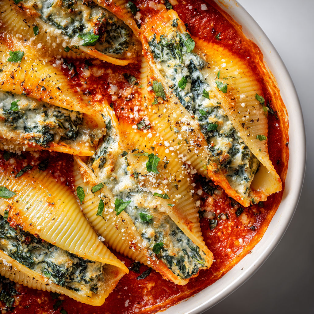 Gratin de Coquilles Farcies aux Épinards Fondants et Cottage, Sublimé par une Sauce Onctueuse aux Poivrons Grillés.