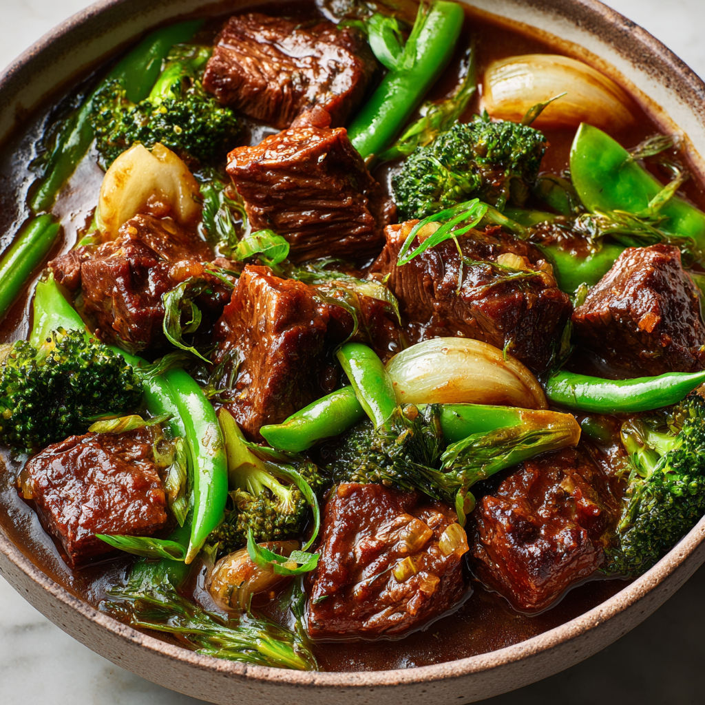 Une assiette de bœuf mijoté avec des légumes verts.
