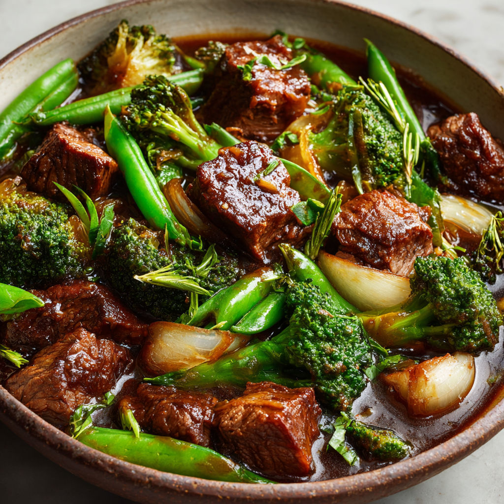 Une recette de Bœuf Fondant Mijoté à la Bière et Jardinière de Légumes Verts.