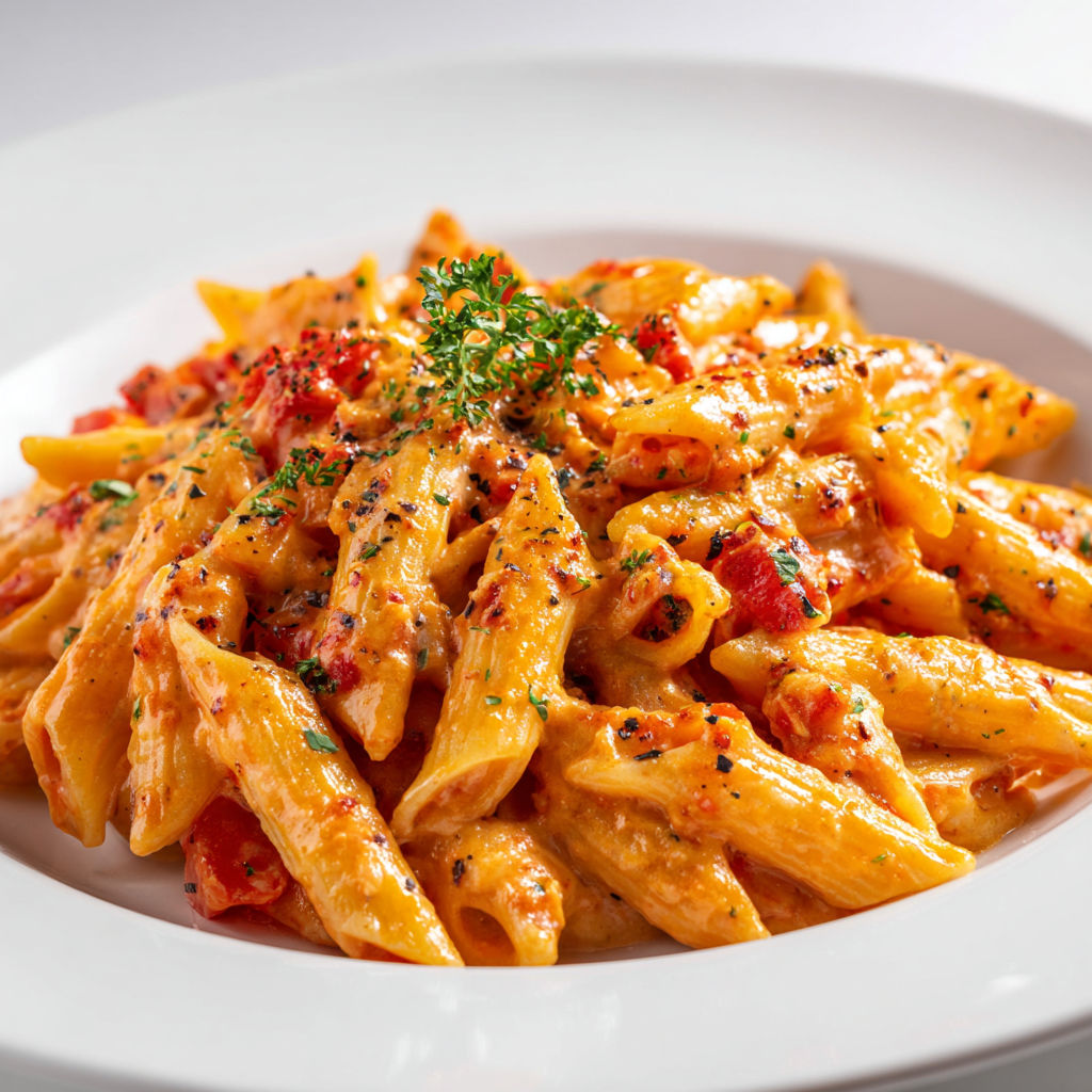 Une plate de pâtes crémeuses aux tomates, avec une sauce tomate et des herbes, est servie sur un plateau.