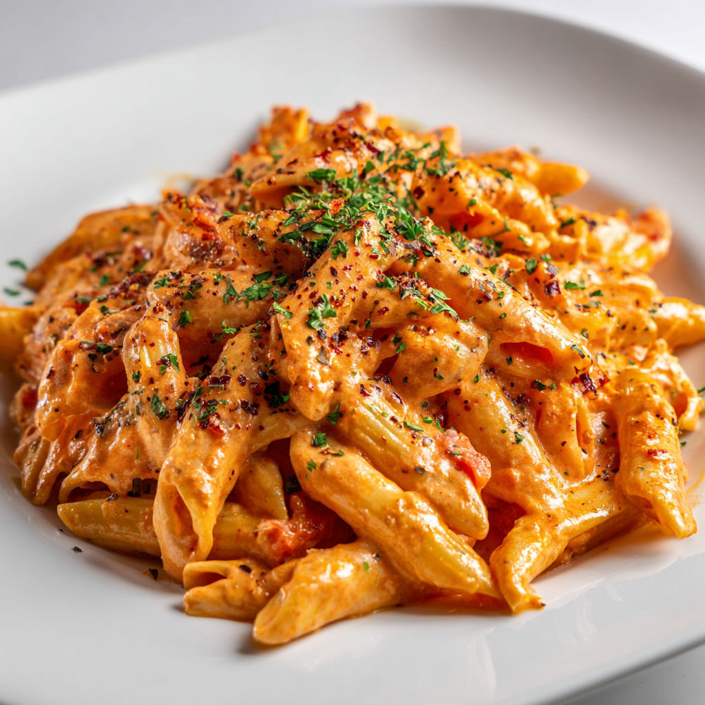 Une plate de Pâtes Crémeuses aux Tomates, servie sur un plateau blanc.