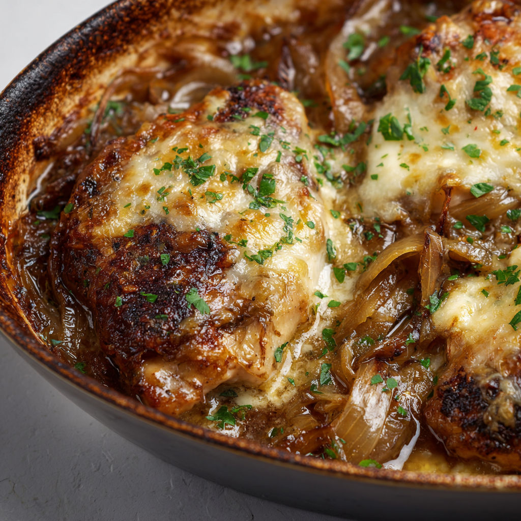 Un plat de poulet façon oignons à la française, avec des oignons et des herbes, est présenté dans un bol.