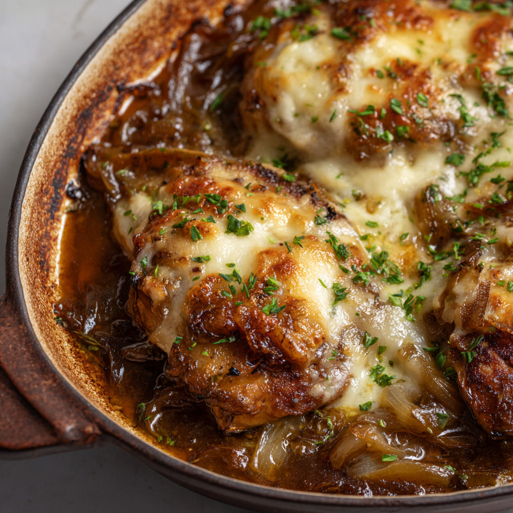 Une recette de Poulet Fondant aux Oignons Caramélisés et Fromage Gratiné à la Française.