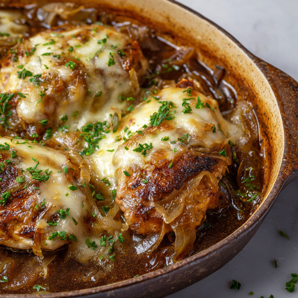 Une recette de Cuisses de Poulet Savoureuses aux Oignons Doux et Bouquet de Fromage Râpé.