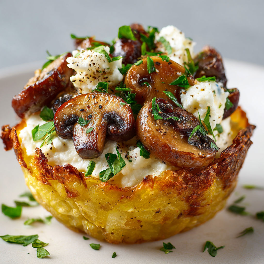 Tartelettes Gourmandes de Pommes de Terre Dorées, Garnies de Champignons à l’Ail & Stracciatella.
