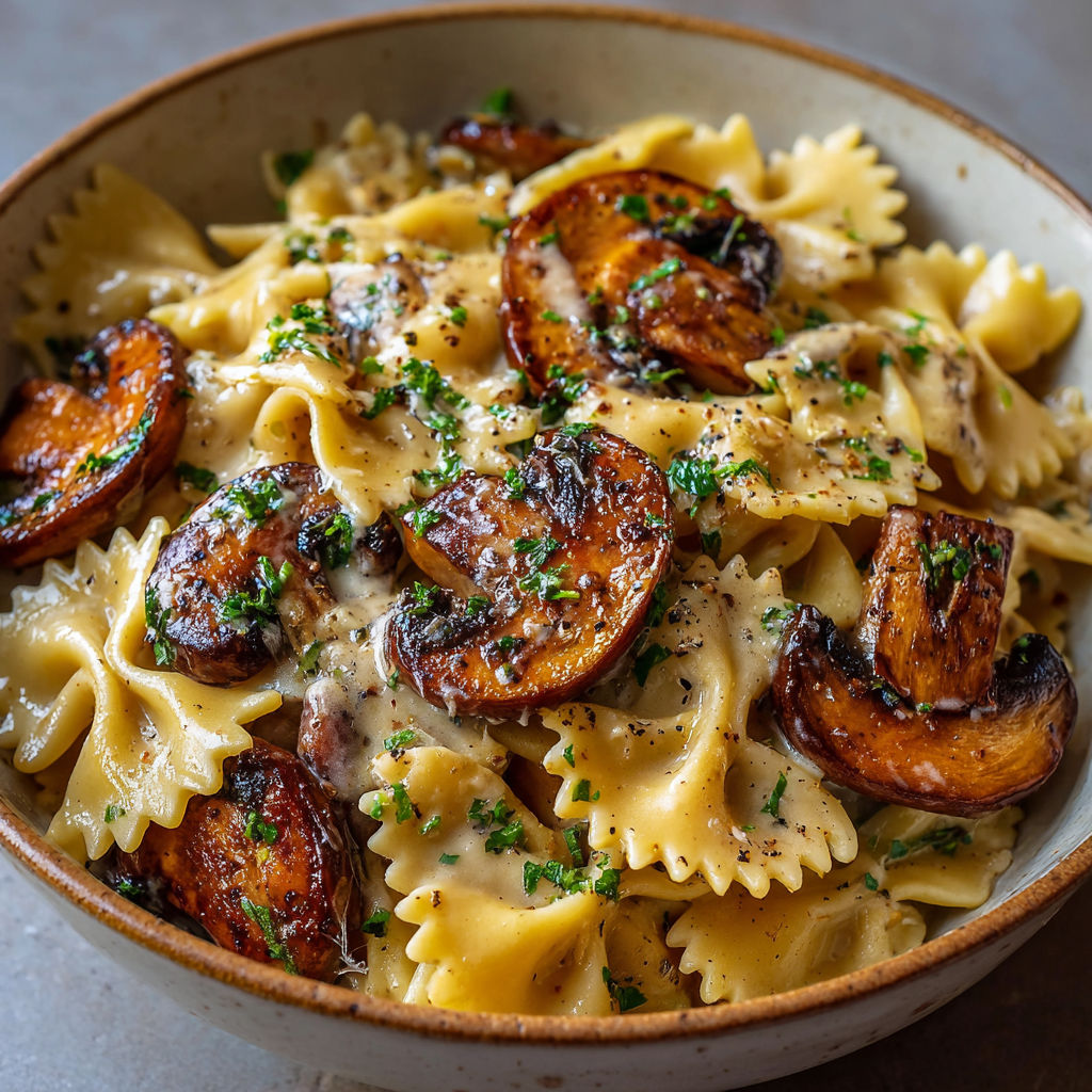 Farfalles crémeuses aux champignons poêlés dans un bol.