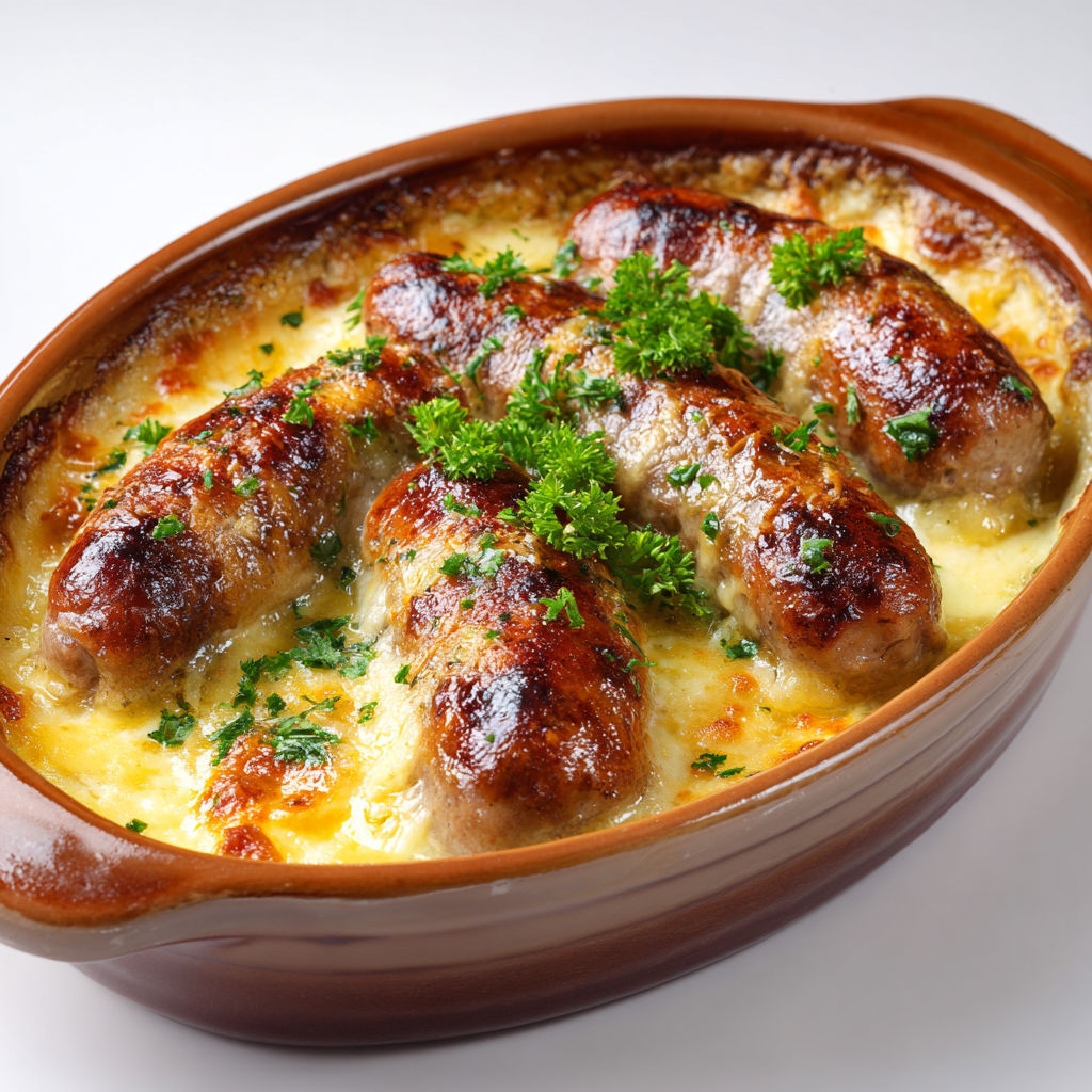 Une assiette de andouillette gratinée au fromage et crème, avec des herbes vertes sur les andouillette.