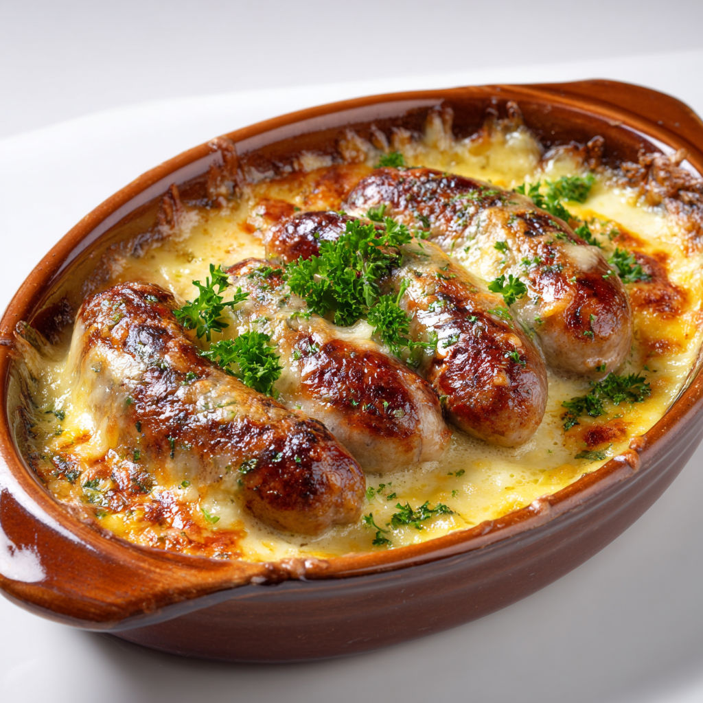 Une assiette de andouillette gratinée au fromage et crème, servie sur un plateau.