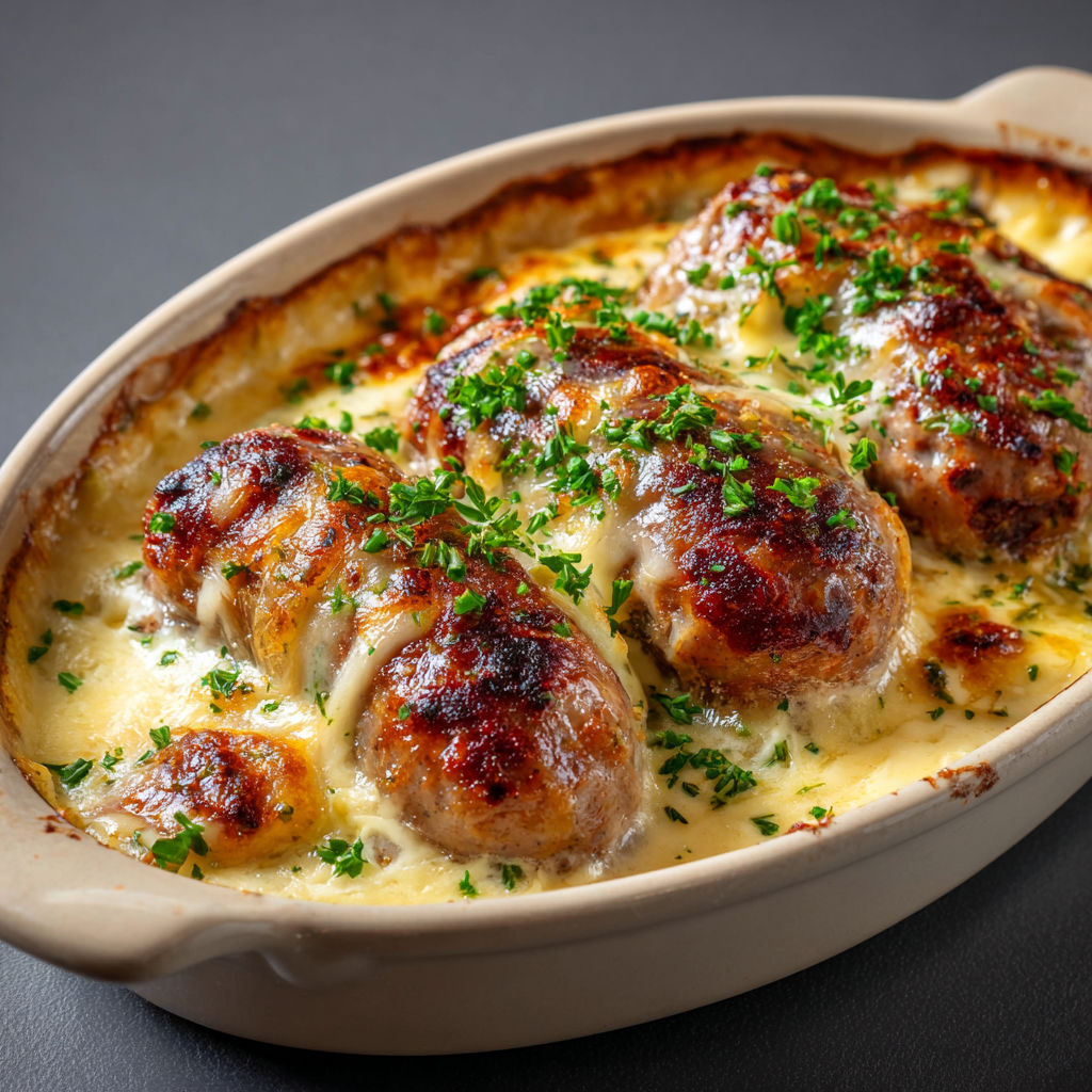 Une gratinée d'andouillette au fromage et crème, servie dans un bol.