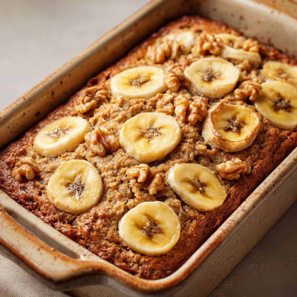 Un gâteau diététique aux bananas et aux flocons d'avoine, prêt à être dégusté.