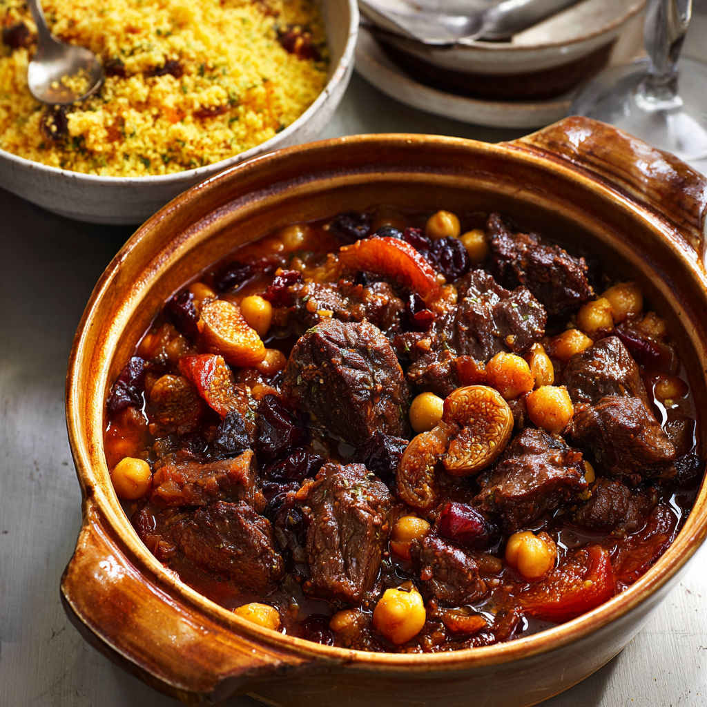 Un plat mijoté au boeuf et fruits secs inratable et savoureux est présenté sur une table.