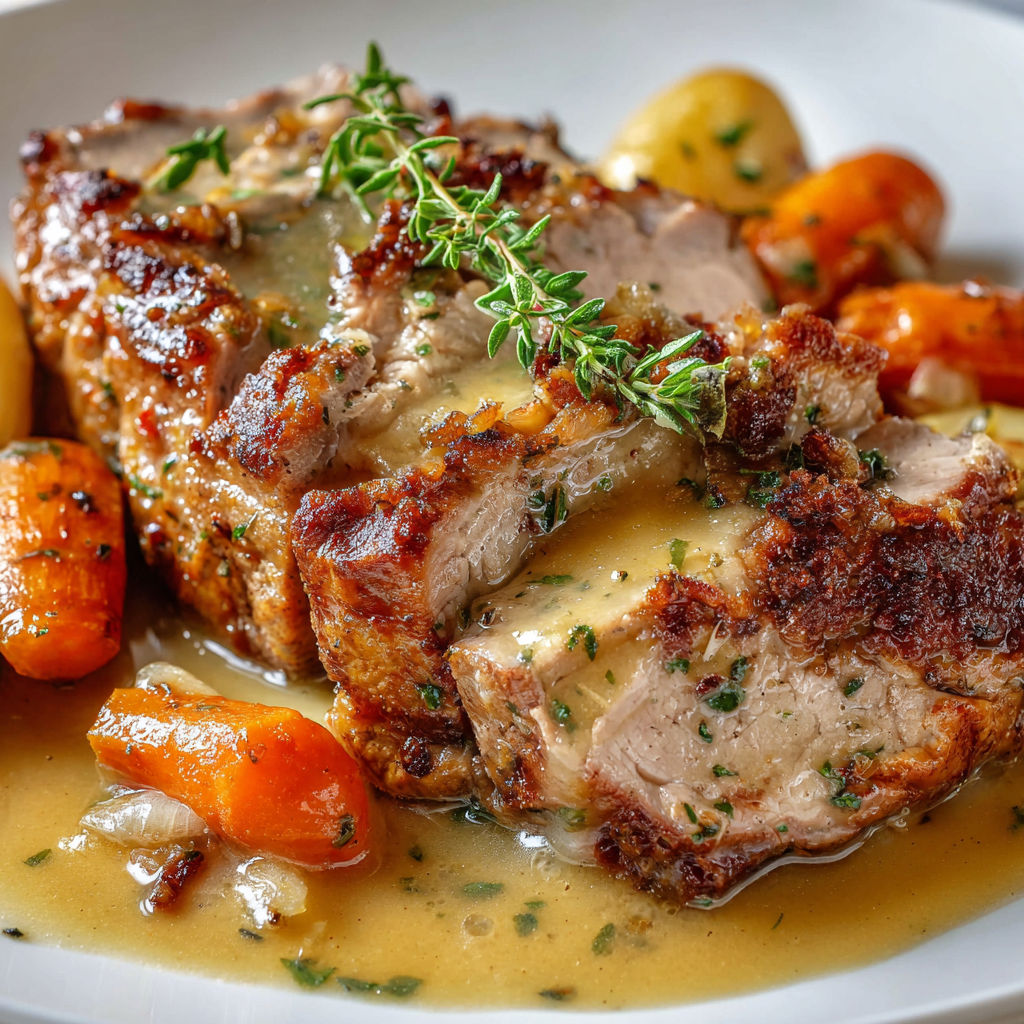Un roti de veau confit, jus clair et chair fondante, accompagne de carottes et d'autres légumes.