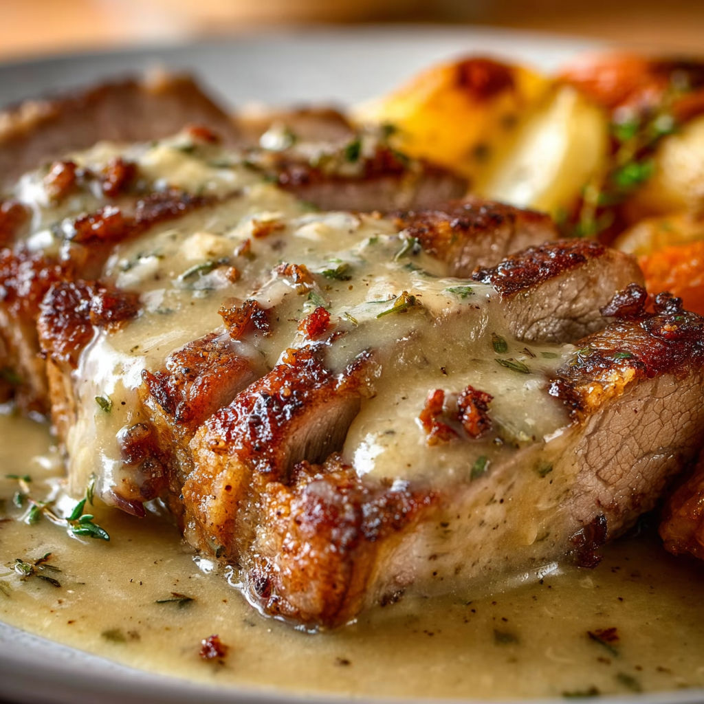 Un morceau de rôti de veau confit, jus clair et chair fondante, accompagné de légumes rôtis.