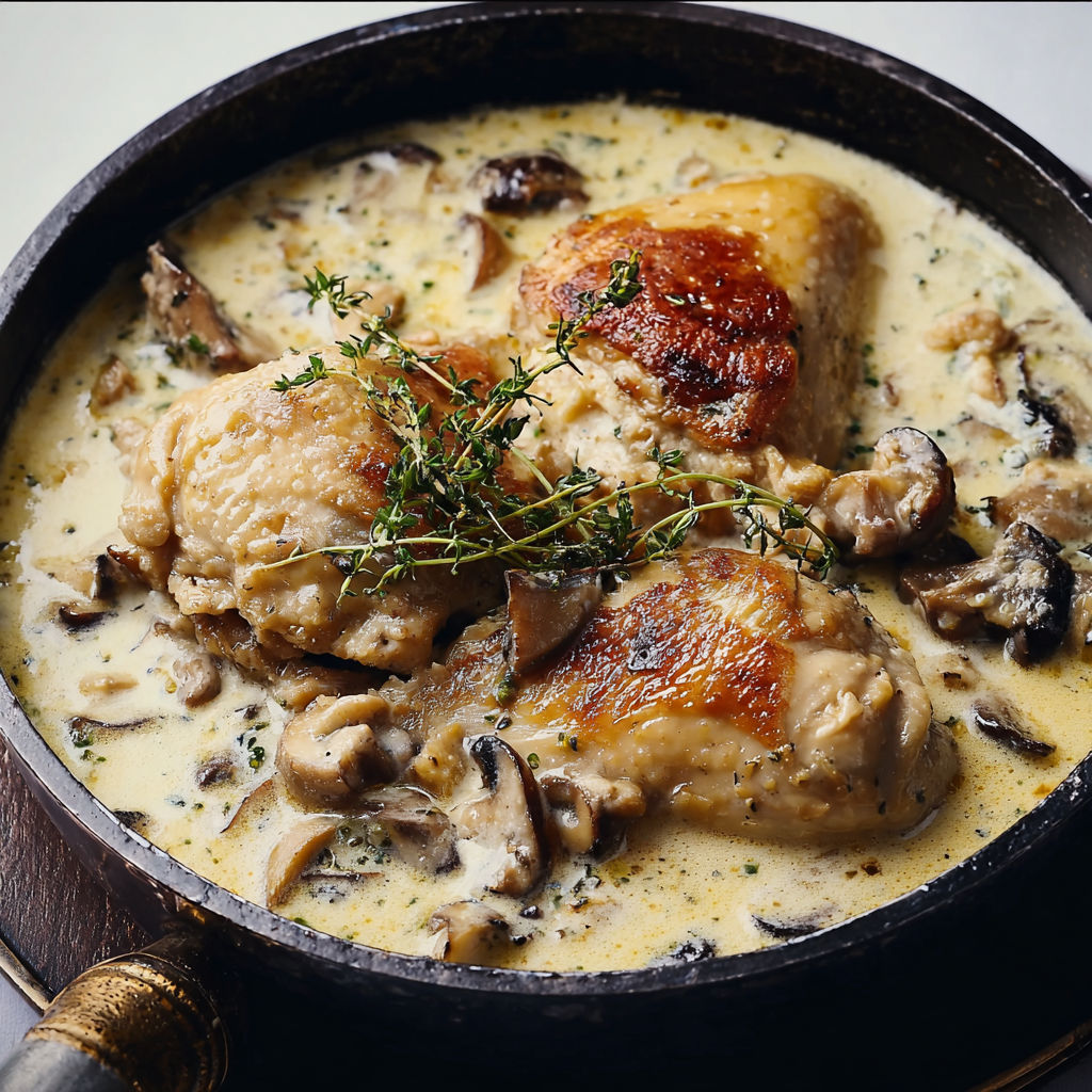 Une recette de poulet avec des champignons et des herbes.