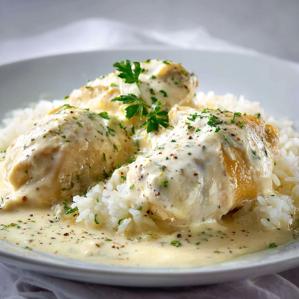Une plate de poule au riz, sauce suprême, est servie sur une table.