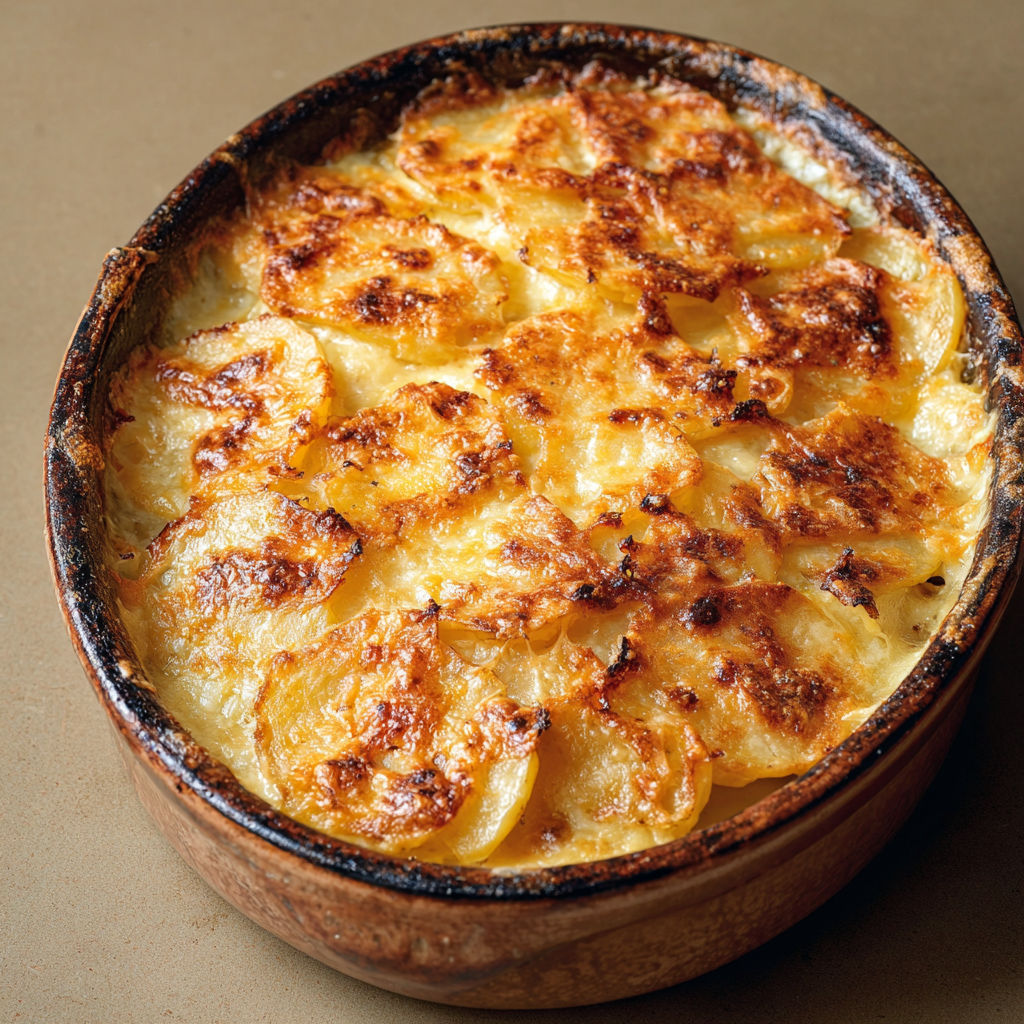 Le gratin savoyard à la tomme de Savoie de Norbert Tarayre est un plat de pommes de terre et de fromage gratiné, servit dans un bol en bois.