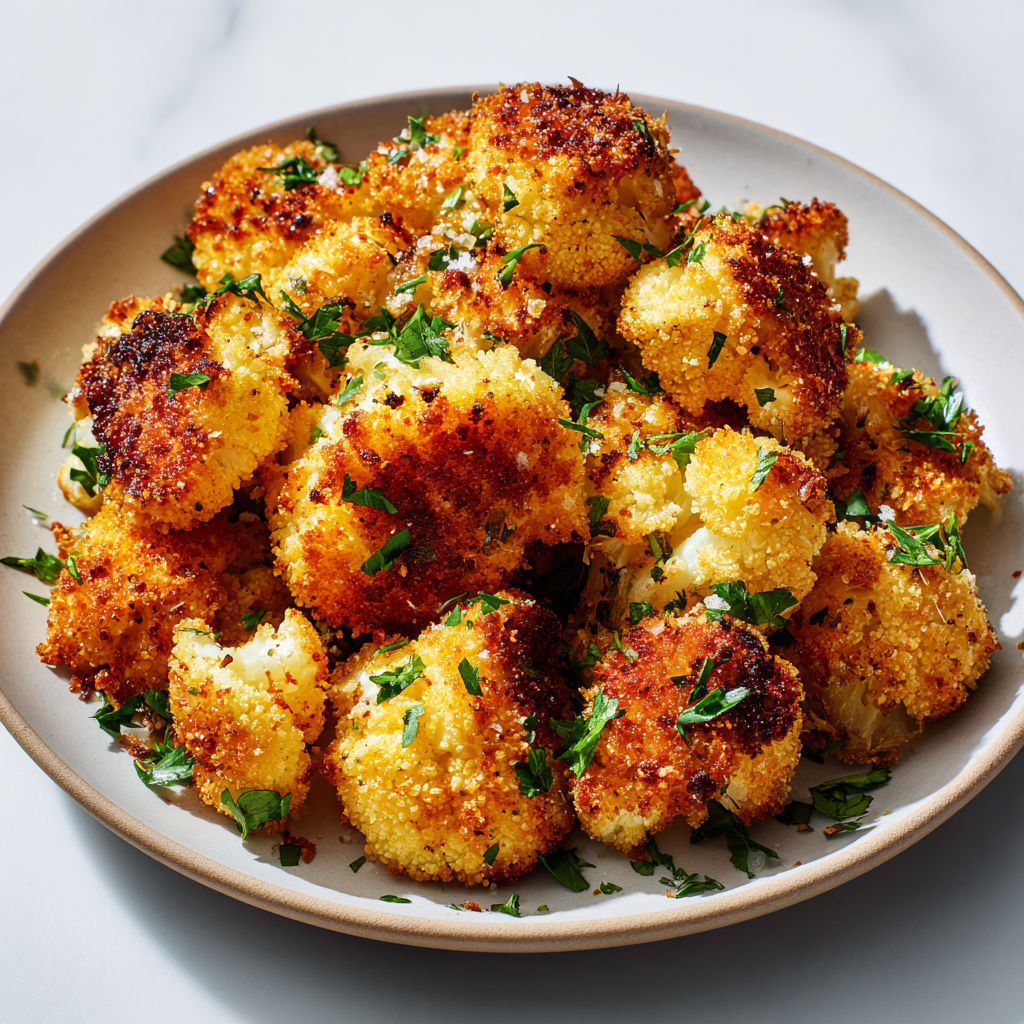 Une assiette de chou-fleur rôti croustillant au Parmesan.