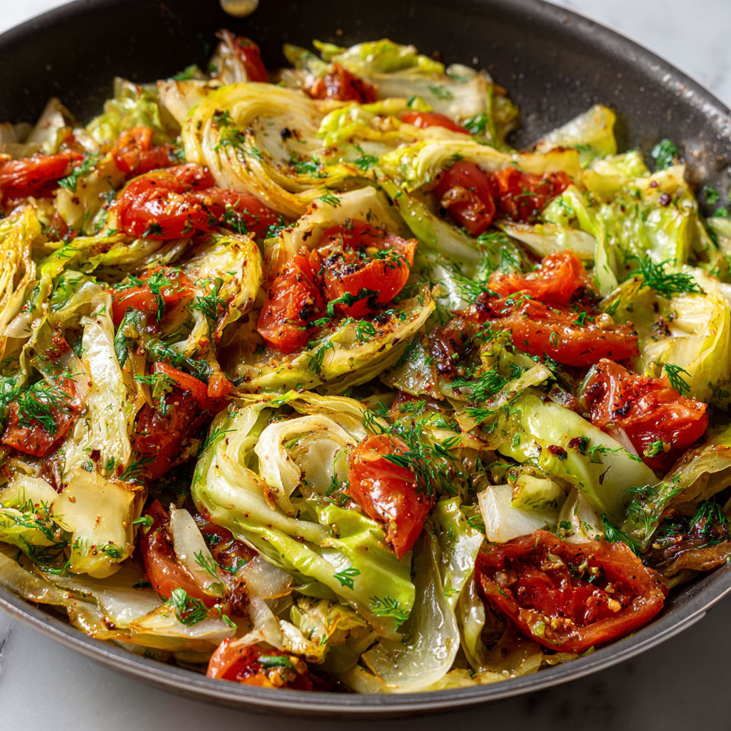 Une salade de chou et de tomates sautées dans une poêle, accompagnée de herbes et de vinaigrette.
