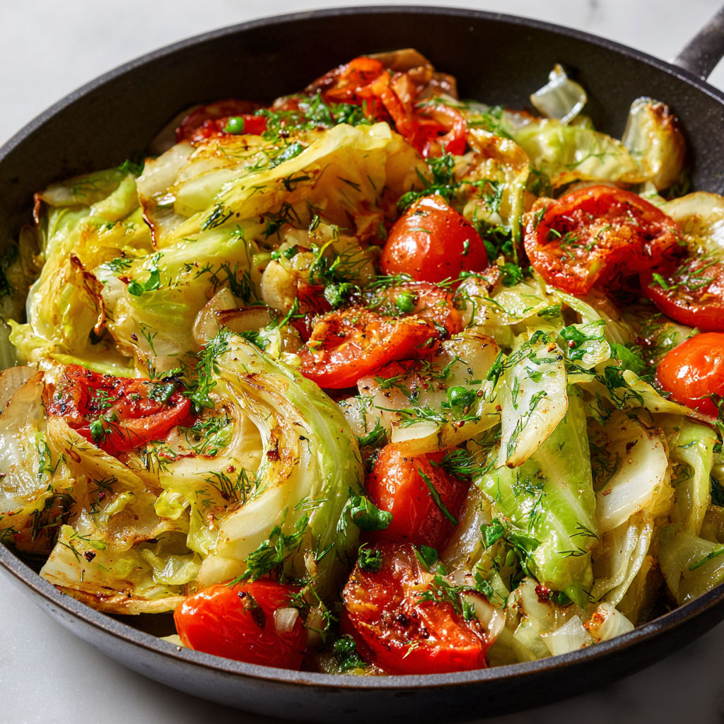 Chou Vert Sauté aux Tomates et Fines Herbes.