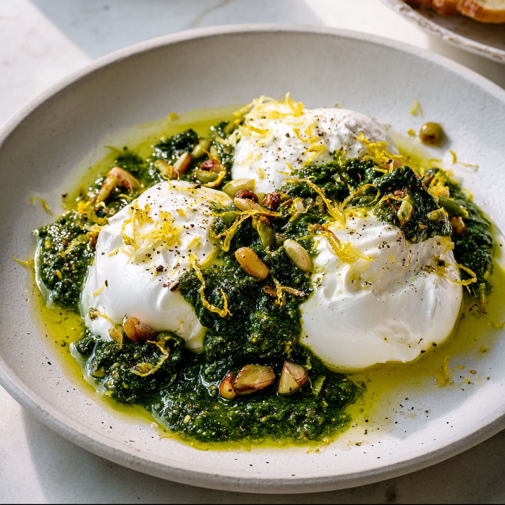 Une recette de cuisine simple et délicieuse, la burrata d'hiver, est servie dans un plat en grès.