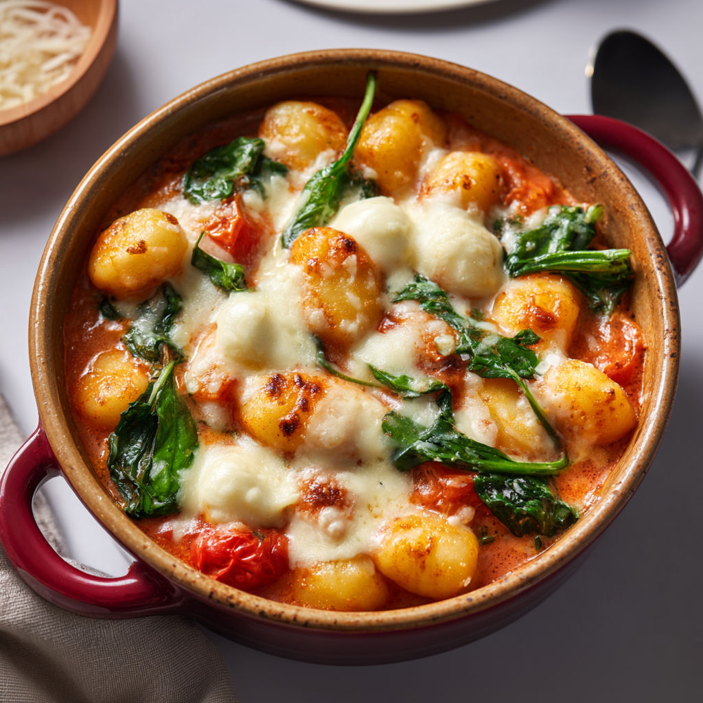 Une cocotte de gnocchis à la sauce tomate crémeuse, épinards et mozzarella est servie sur une table blanche.