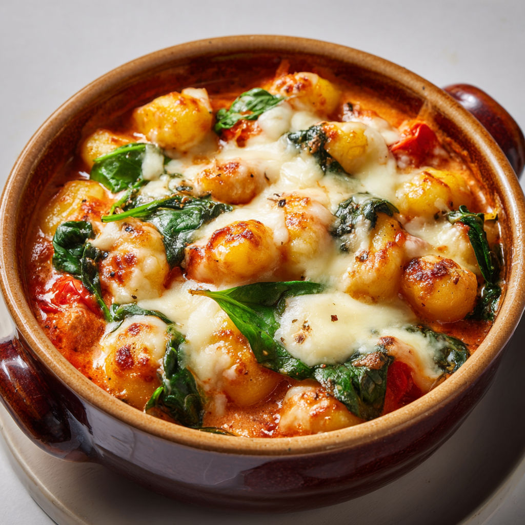 Une cocotte de gnocchis à la sauce tomate crémeuse, épinards et mozzarella, servie sur un plateau.