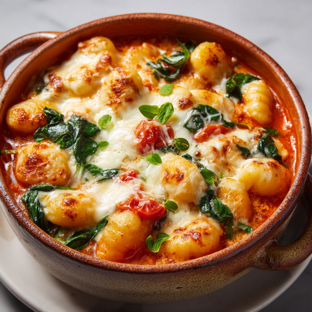 Une cocotte de gnocchis à la sauce tomate crémeuse, épinards et mozzarella est servie dans un bol en terre.