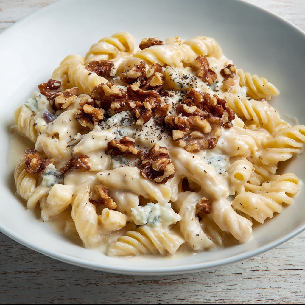 Une assiette de pâtes crémeuses au gorgonzola fondante, croquante, rapide à préparer et terriblement gourmande.