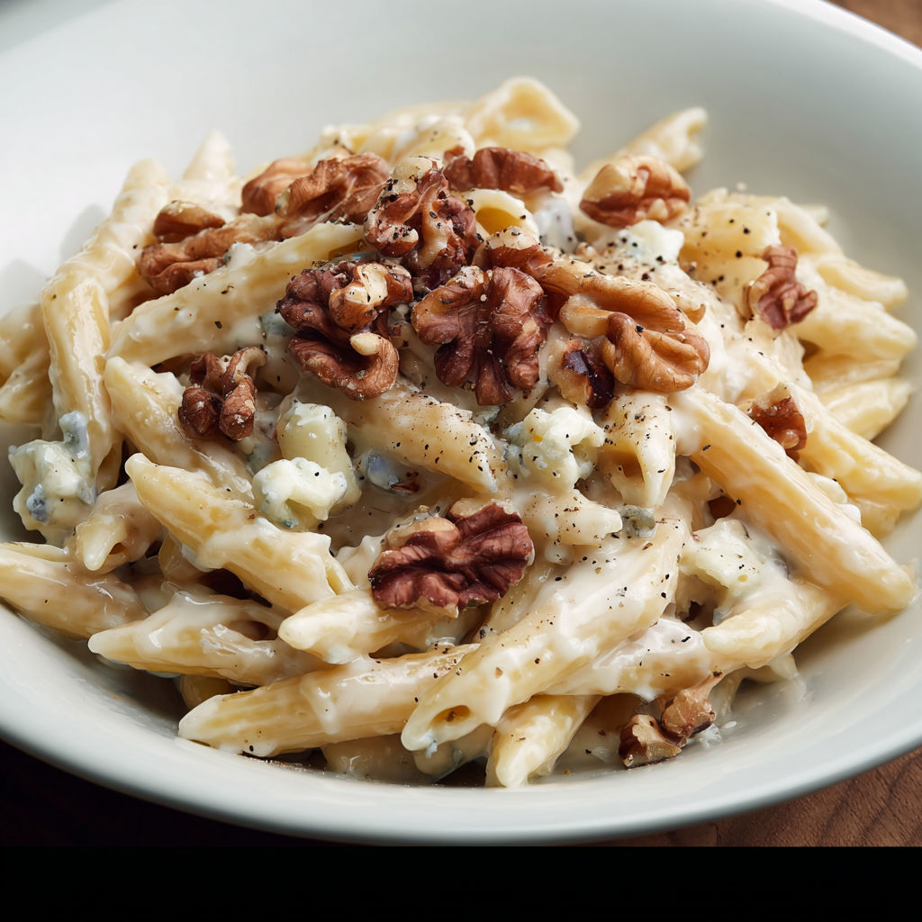 Une assiette de pâtes crémeuses au gorgonzola fondante, croquante, rapide à préparer et terriblement gourmande.