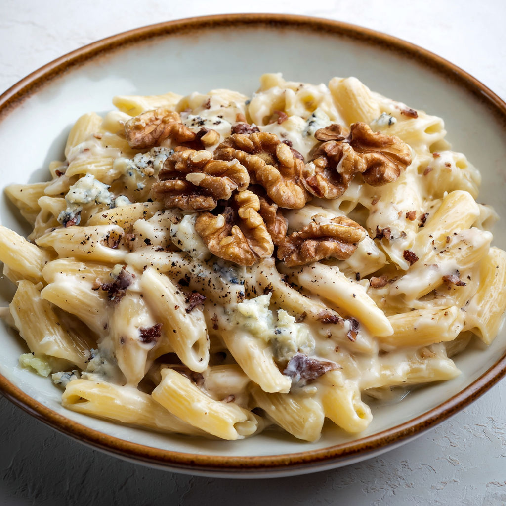 Une assiette de pâtes crémeuses au gorgonzola fondante, croquante, rapide à préparer et terriblement gourmande.
