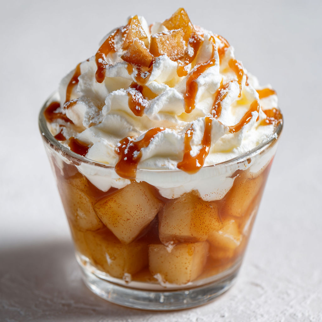Un verrine de pommes caramel chantilly avec une sauce caramel et des pommes.
