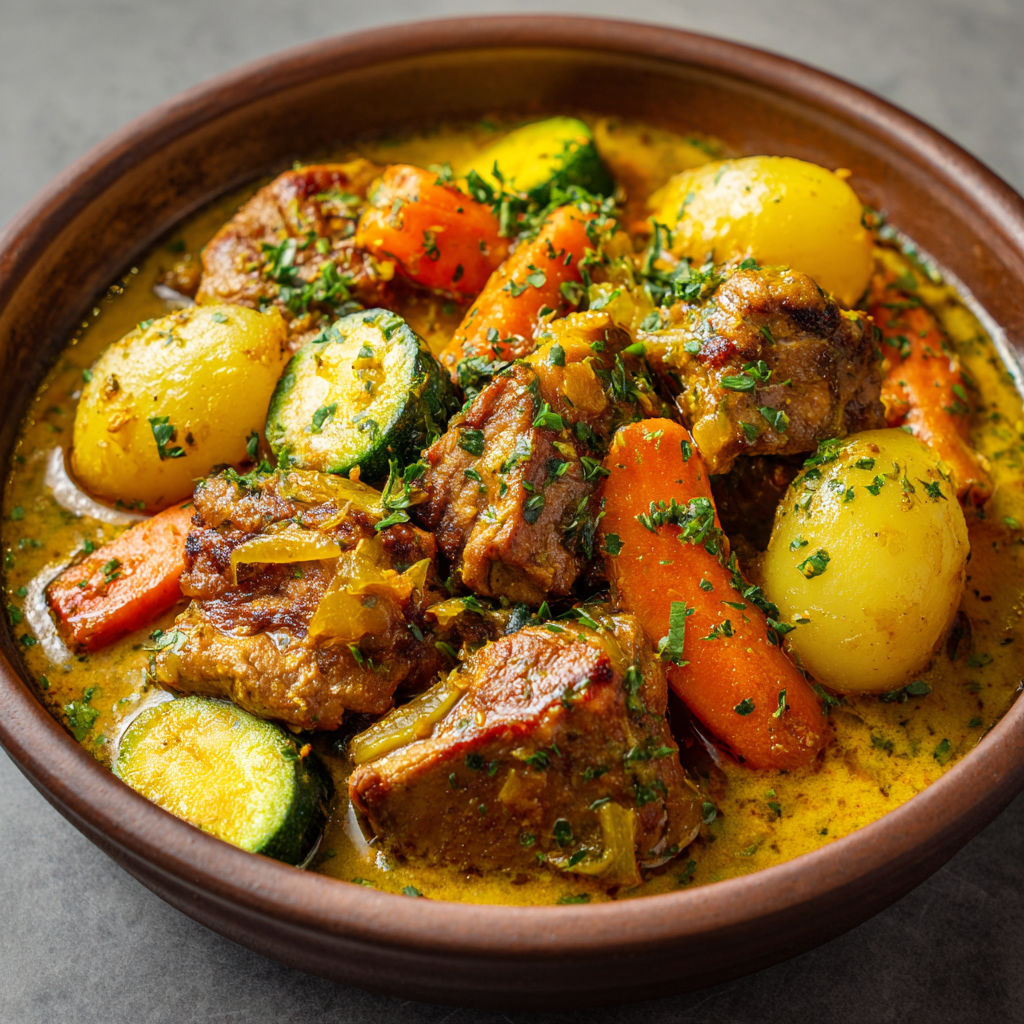 Colombo de porc antillais est un plat délicieux composé de viande de porc, de légumes et de herbes.