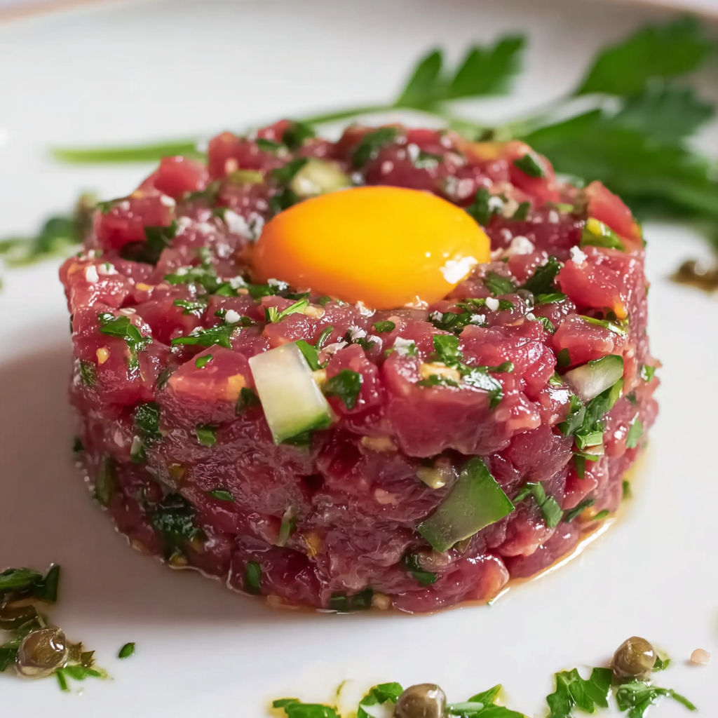 Une tartare de boeuf 80's est servie sur un plateau.