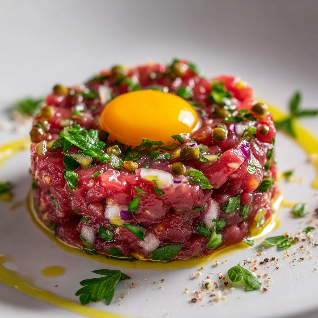 Une tartare de boeuf 80's est servie sur un plateau avec une poignée de herbes et une poire.