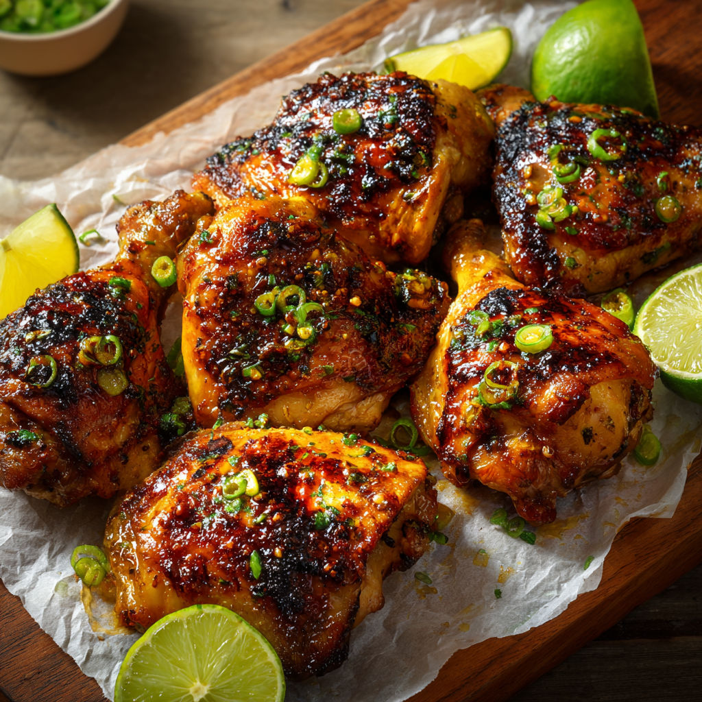 Poulet boucané sur une plaque de bois avec des limons.
