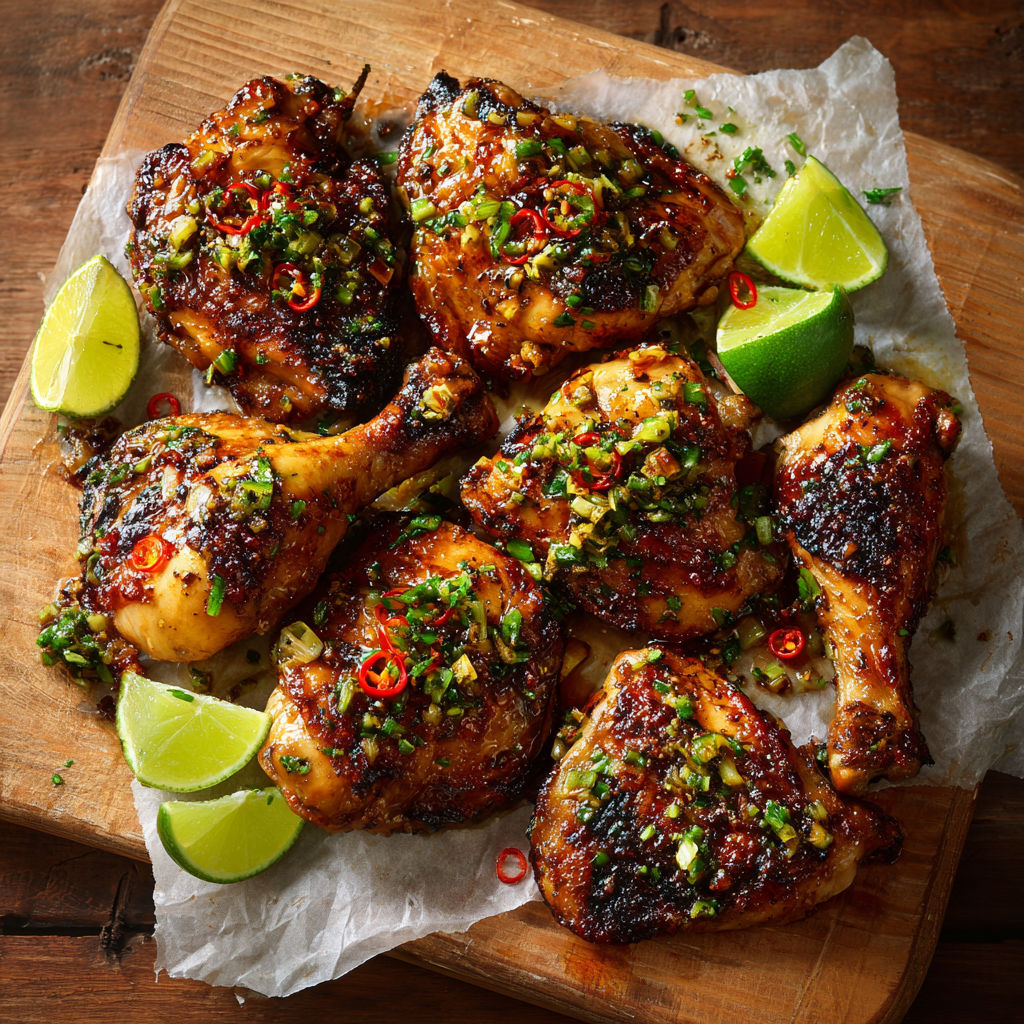 Une bande de poulet grillé avec des herbes et des épices, sur un plateau de bois.
