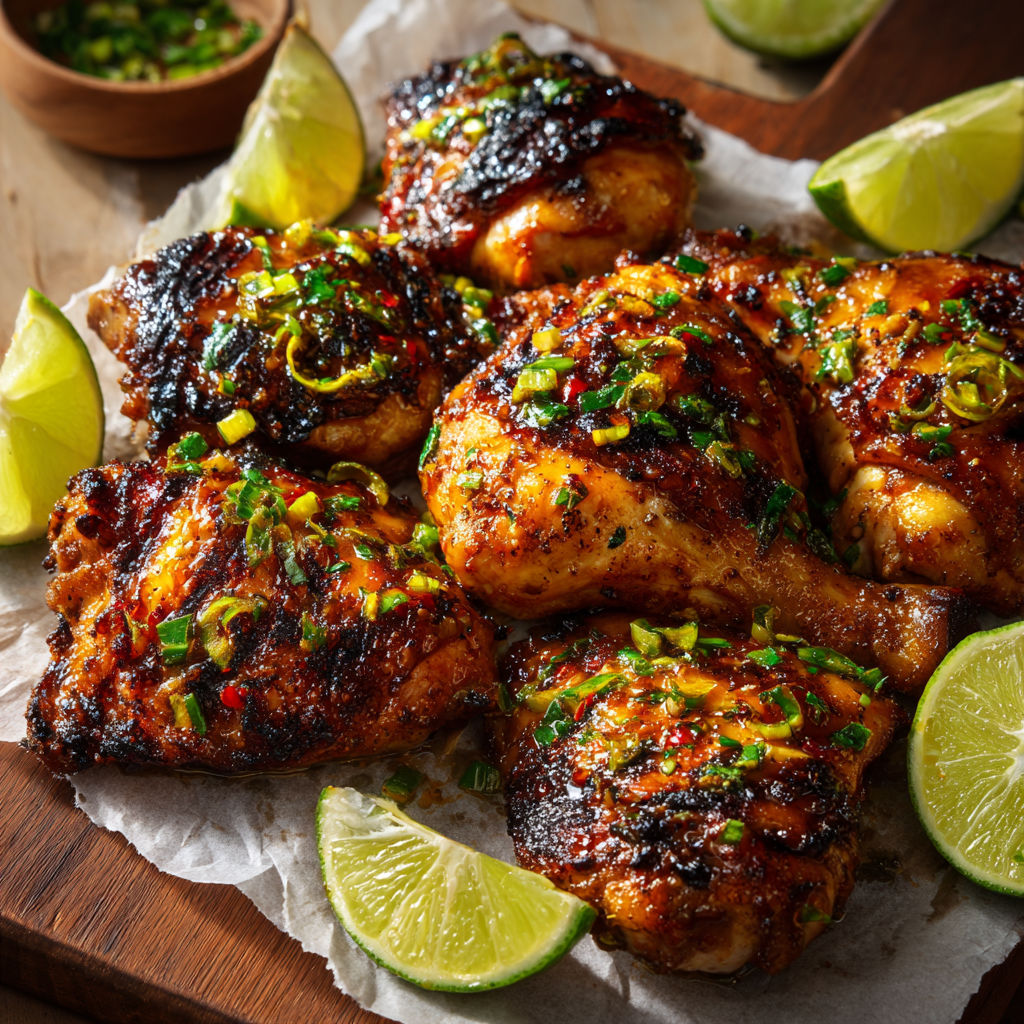 Une bande de poulet grillé avec des légumes verts et des limons.