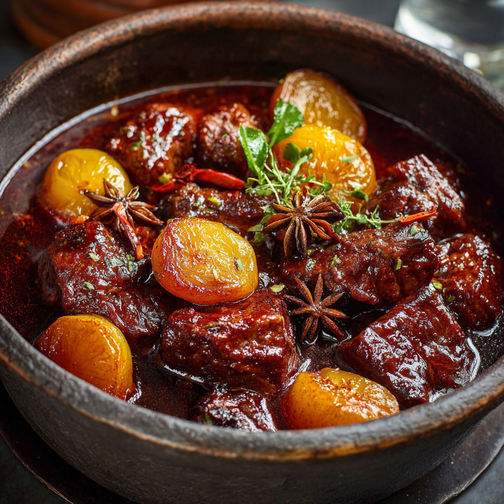 Daube de veau aux coings et kumquats, une recette savoureuse et délicieuse, est servie dans un bol en terre.