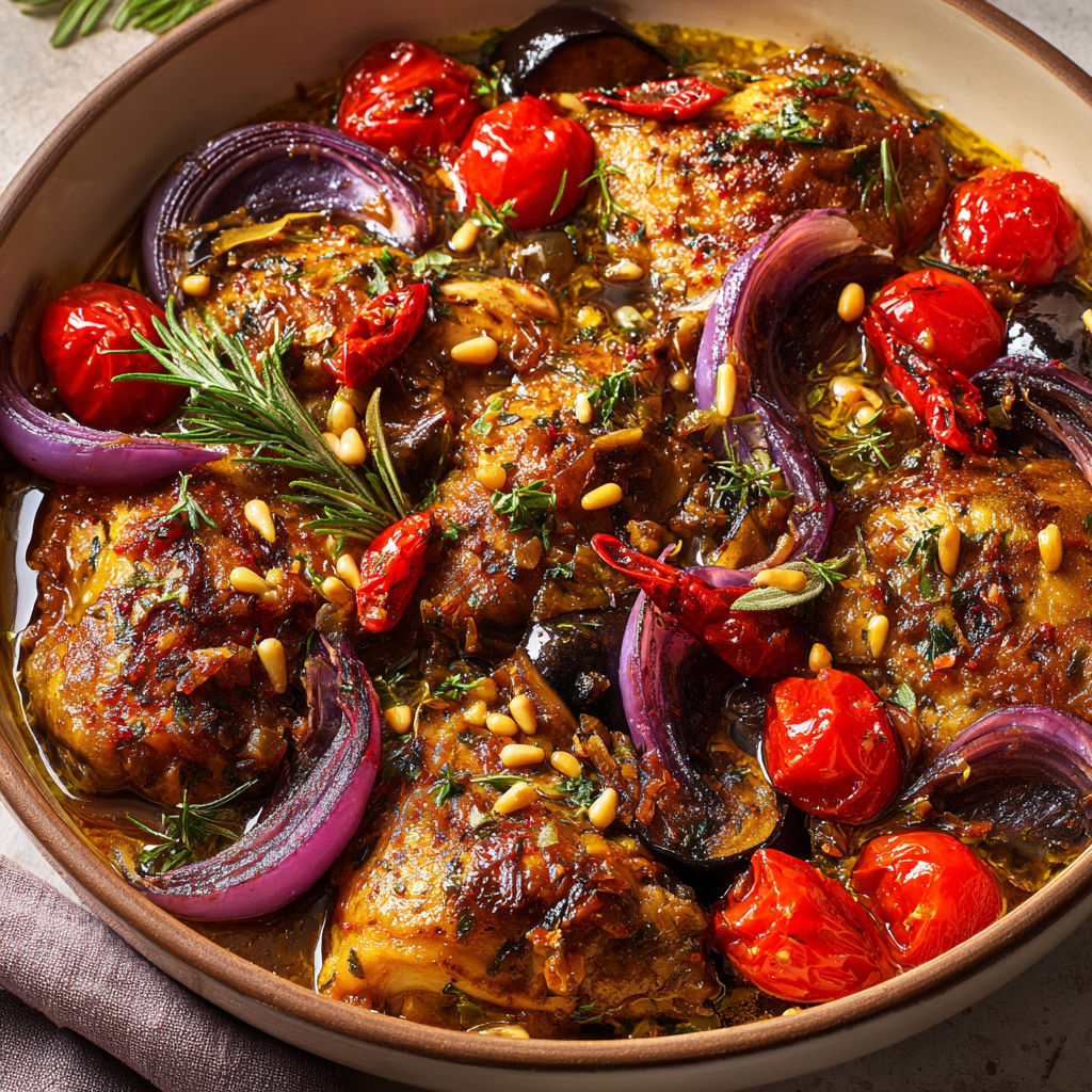 Un plat de poulet Salina de Jamie Oliver, avec des tomates, aubergines, oignons et herbes.