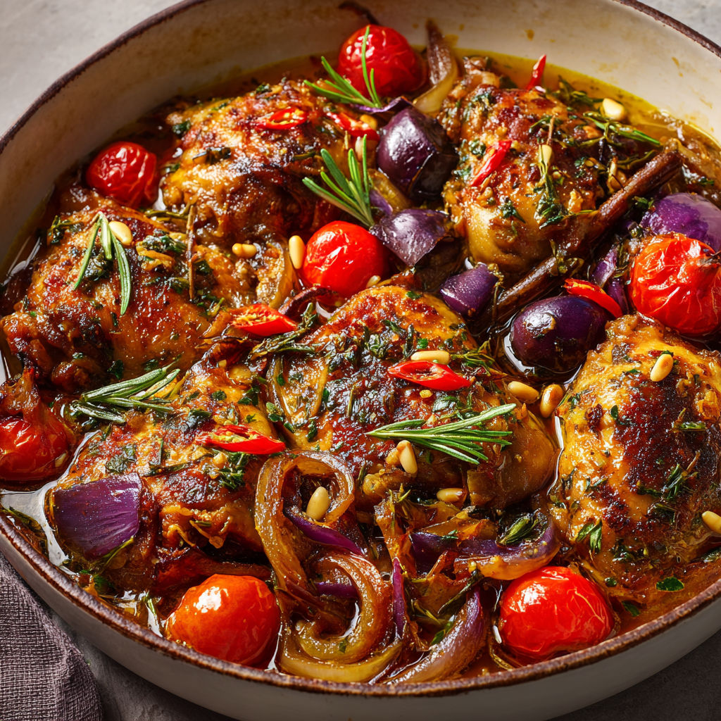 Un plat de poulet Salina de Jamie Oliver, avec des légumes et des épices, est servie dans un bol en terre.